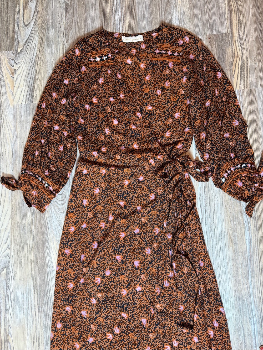 Natalie Martin Kate Handmade Rayon Floral Wrap Maxi Dress Boho Brown Pink Small - Picture 10 of 14